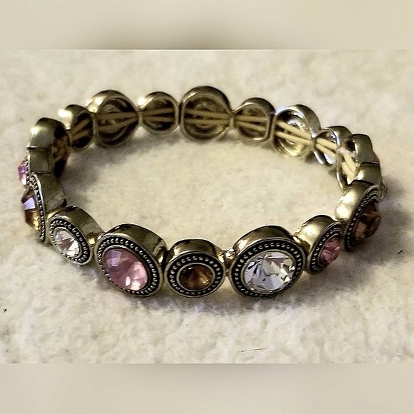 VINTAGE SILVER PLATED MULTI-COLORED BEZEL SET STONE STRETCH BRACELET -FITS 7"-8" - Picture 5 of 7